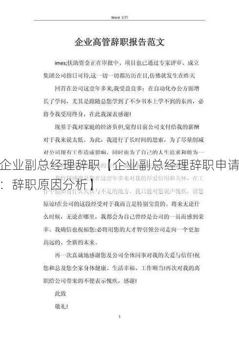 企业副总经理辞职【企业副总经理辞职申请：辞职原因分析】