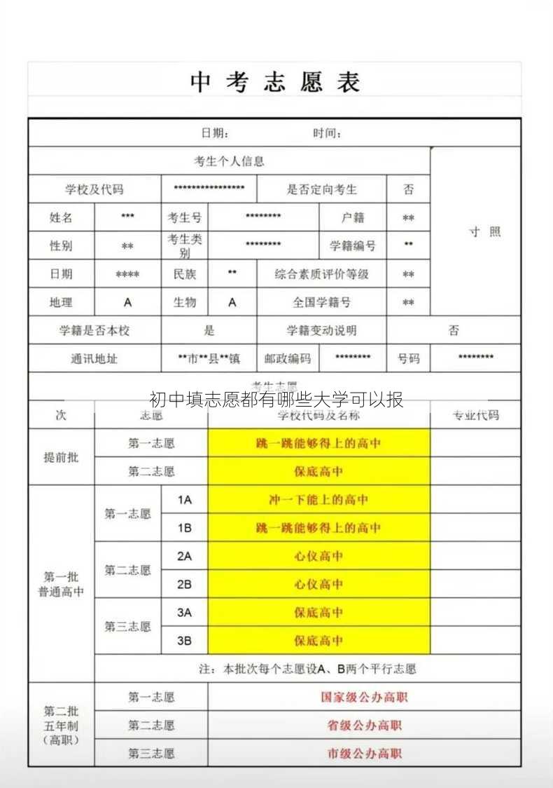 初中填志愿都有哪些大学可以报