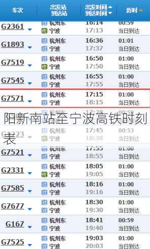 阳新南站至宁波高铁时刻表