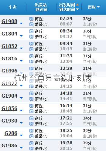 杭州至肖县高铁时刻表