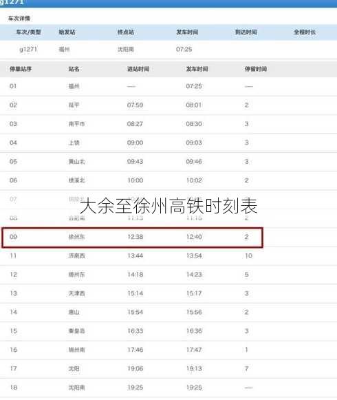 大余至徐州高铁时刻表