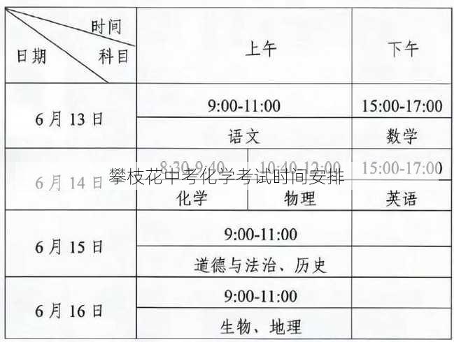 攀枝花中考化学考试时间安排