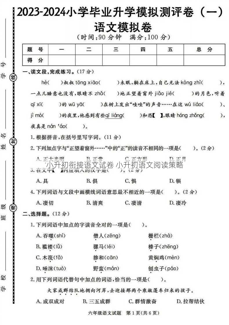 小升初衔接语文试卷 小升初语文阅读策略